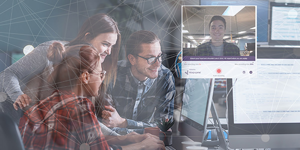 Three people looking at computer screen smiling with an overlay screen of another person smiling. A web illustration over it all indicating connectivity.