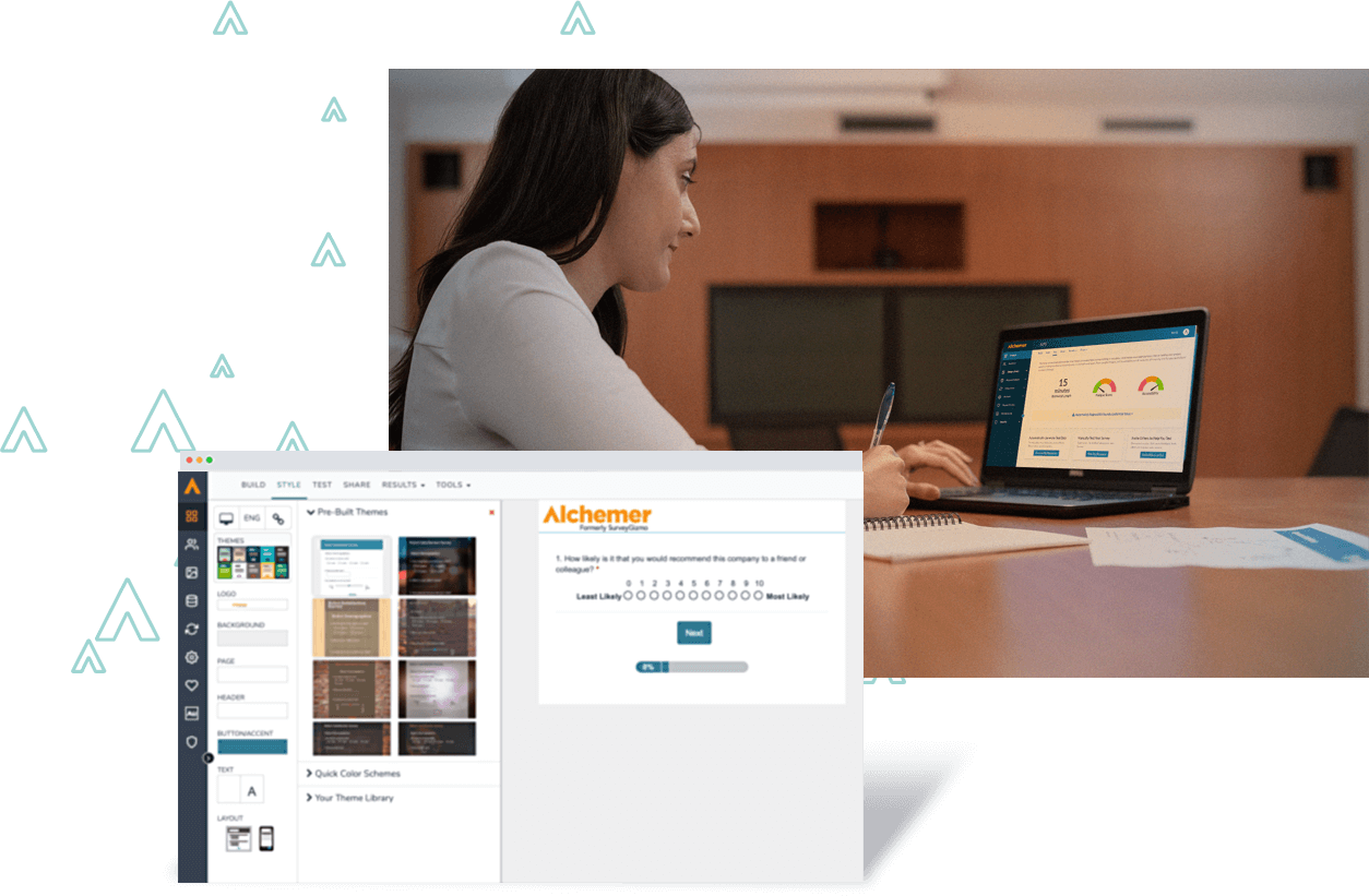 overlay of Alchemer software over image of woman looking at computer screen