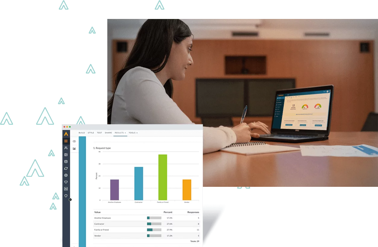 overlay of Alchemer software over image of woman looking at computer screen