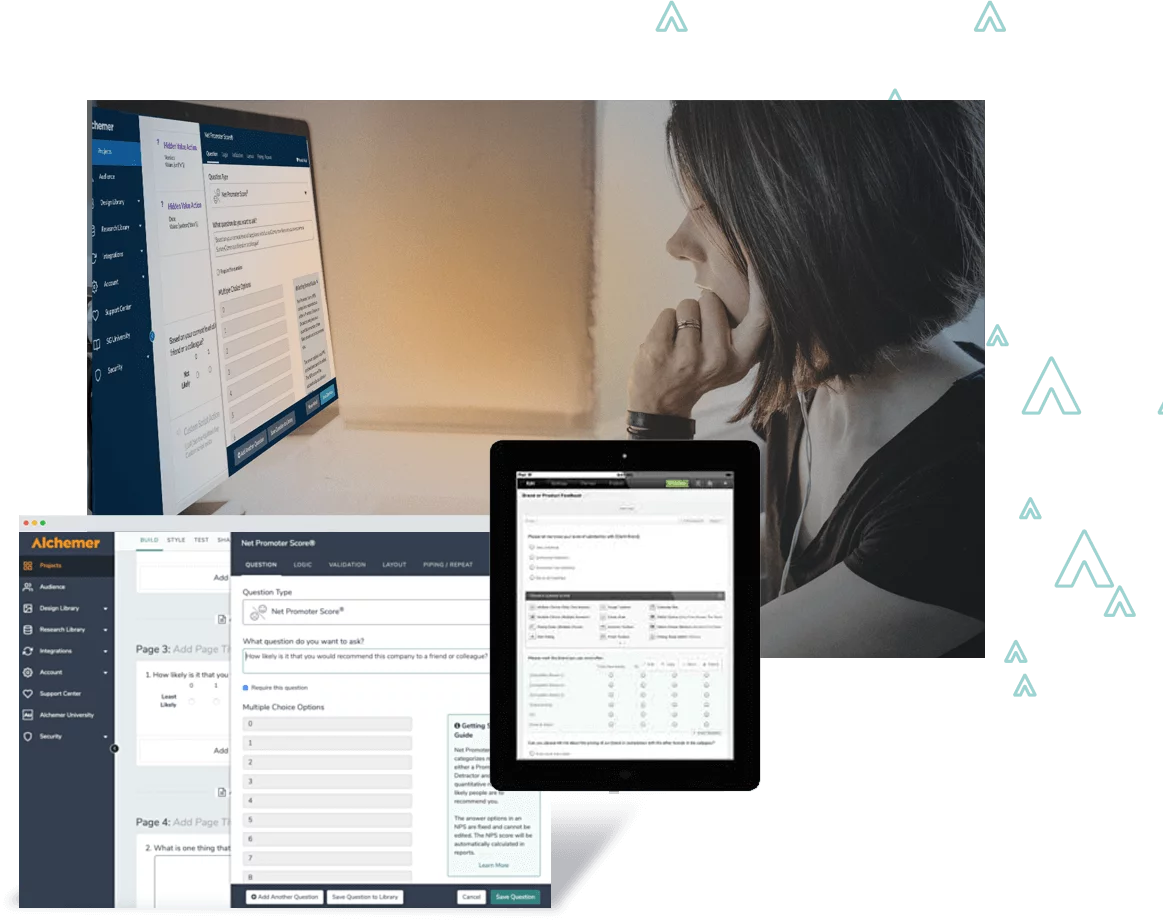 Alchemer survey dashboard examples on tablet and desktop overlaid on an image of a person looking closely at their computer screen