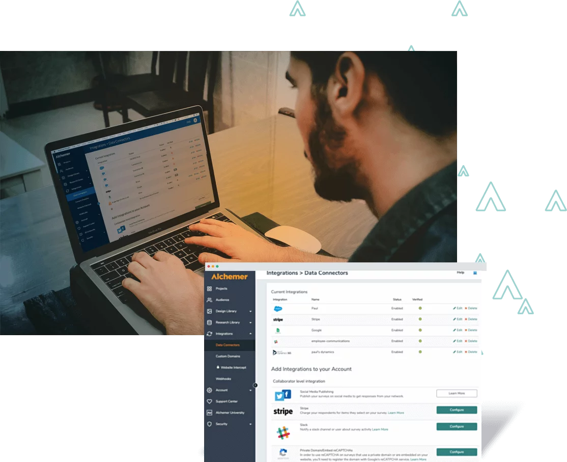 Alchemer data collectors dashboard overlaid on an image of a man typing on a computer